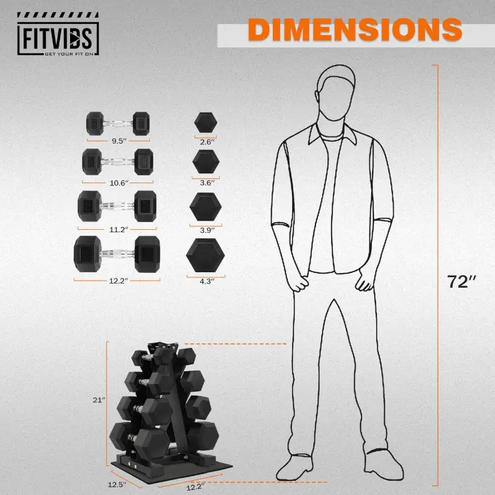 Fitvids Rubber Hex Dumbbell Set with Rack - 5-25LB Weights - Image 4