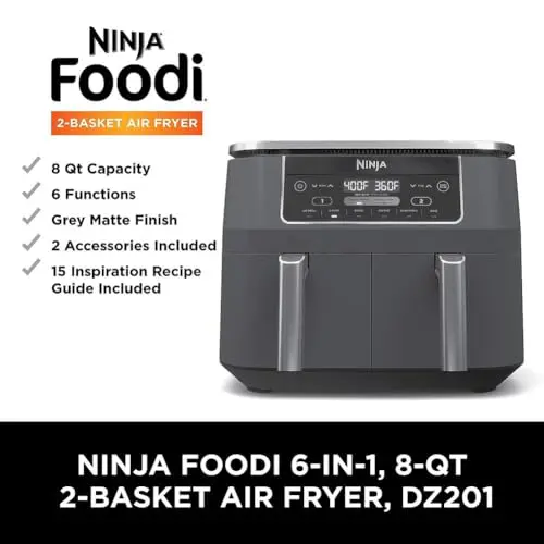 Ninja DZ201 Foodi 8 Quart 6-in-1 DualZone 2-Basket Air Fryer with 2 Independent Frying Baskets, Match Cook & Smart Finish to Roast, Broil, Dehydrate & More for Quick, Easy Meals, Grey - Image 7