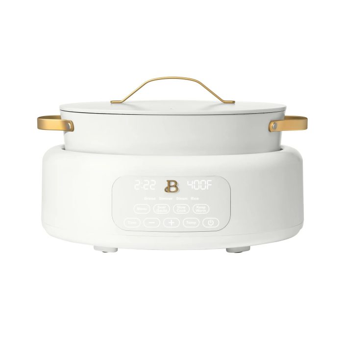 Beautiful 10-in-1 Electric Multi-Cooker by Drew Barrymore, 6-quart, digital display, 10 cooking functions, non-stick pot, easy one-touch control (White Icing) - Image 1