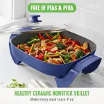 GreenLife 12" 5QT Square Electric Skillet, Glass Vented Lid, Ceramic PFAS-Free Nonstick Coated Interior, Adjustable Temperature Control, Cool Touch Handles, Quick Even Heating, Scratch Resistant, Blue - Image 9