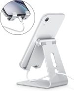 Adjustable Cell Phone Stand, OMOTON Aluminum Desktop Cellphone Stand with Anti-Slip Base and Convenient Charging Port, Fits All Smart Phones, Silver - Image 4