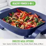 GreenLife 12" 5QT Square Electric Skillet, Glass Vented Lid, Ceramic PFAS-Free Nonstick Coated Interior, Adjustable Temperature Control, Cool Touch Handles, Quick Even Heating, Scratch Resistant, Blue - Image 7