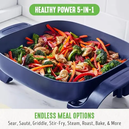 GreenLife 12" 5QT Square Electric Skillet, Glass Vented Lid, Ceramic PFAS-Free Nonstick Coated Interior, Adjustable Temperature Control, Cool Touch Handles, Quick Even Heating, Scratch Resistant, Blue - Image 7