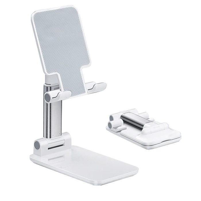 Cell Phone Stand, Angle Height Adjustable Cell Phone Holder with Silicon Pad for Desk Fully Forldable Mobile Phone Holder Compatible with All Mobile Phones, MT-6, (White) - Image 1