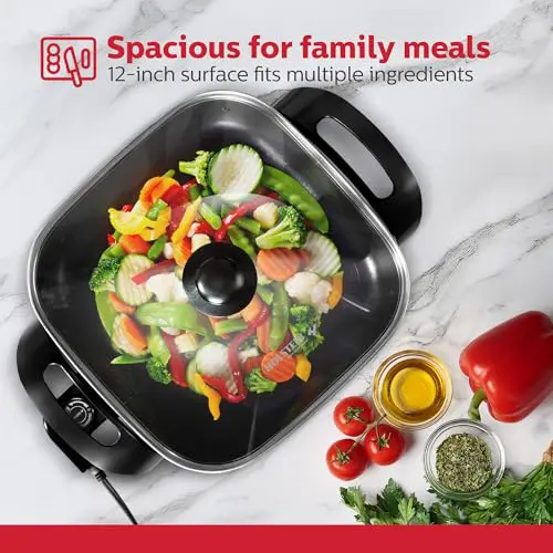 Holstein Housewares 12-Inch Electric Skillet - 1400W Electric Pan with Adjustable Temperature Control, PFOA-Free Non-Stick Coating, Cool-Touch Handles, Multi-Function Cooker, Red - Image 7