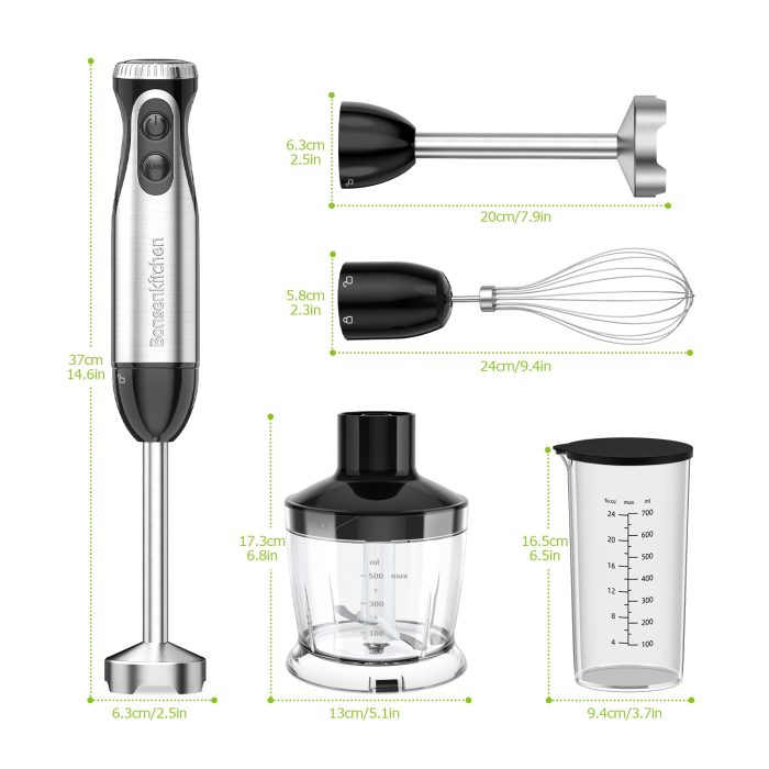 Bonsenkitchen 4-in-1 Immersion Blender Handheld, 20 Speeds Hand Blender with Turbo Mode, Stainless Steel Blade, Egg Whisk, Beaker & Chopper Bowl, Stick Mixer for Soup, Smoothie, Puree, Baby Food - Image 2