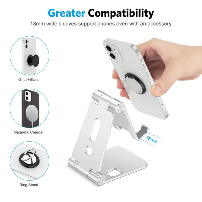 OMOTON Foldable Cell Phone Stand, C4 Portable Aluminum Phone Holder, Adjustable Phone Dock Cradle Compatible with iPhone 17/16/15 Pro Max Air, Samsung Galaxy, Small Tablets, All Smart Phones, Silver - Image 3