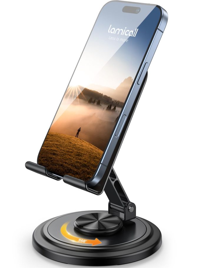Lamicall Cell Phone Stand for Desk - [360° Rotation] Sturdy Adjustable Desktop Phone Holder, Foldable Mobile Stand, Office Desk Accessories for iPhone 17 16 15 14 Pro Max Air, Galaxy S25, Cellphones - Image 1