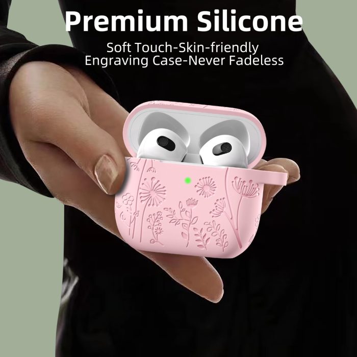 Lerobo for Airpods 4 Case Cover with Cleaner Kit, Cute Flower Engraved Silicone Protective Case Cover with Keychain Compatible with Apple Airpods 4 Case 2024 for Women and Girls, Pink - Image 3