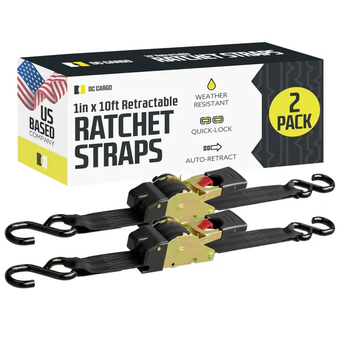 DC Cargo Mall Auto Retractable Ratchet Straps (2-Pack) 1” x 10ft, Heavy Duty, 1,209lb Break Strength – Tie Down Straps for Cargo, Truck, Trailer, Motorcycle, Boat - Image 1