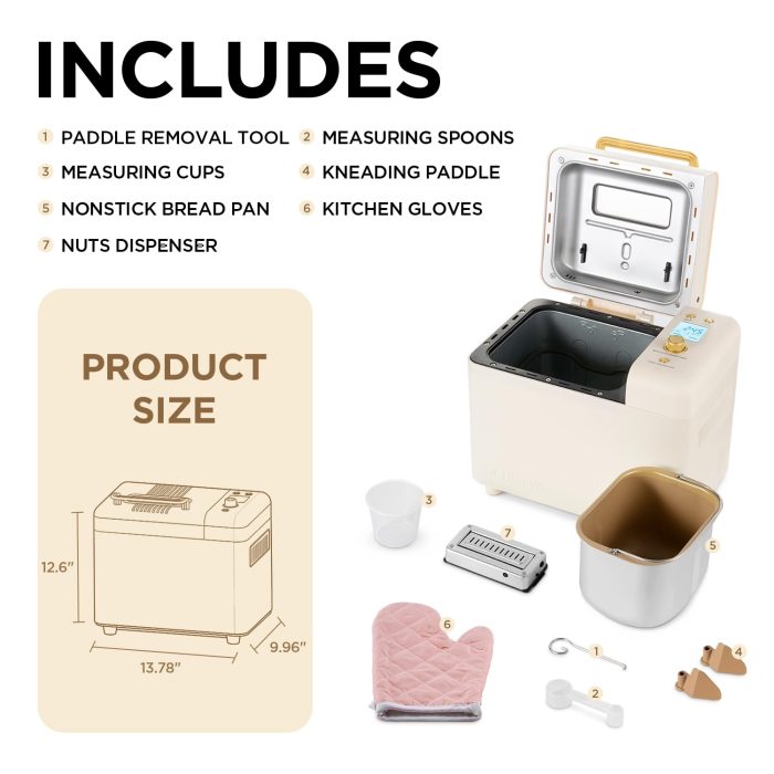 Neretva Bread Machine, 2.2LB 15-in-1 Bread Maker, Dual Heater Breadmaker Machine with Auto Nut Dispenser & Nonstick Ceramic Pan, Bread Maker Machine for Gluten Free, Dough Maker, Sourdough, Yogurt - Image 2