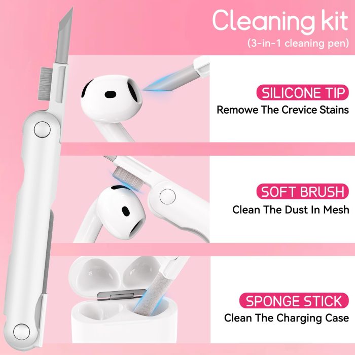 Skyconser with Safety Lock for Apple AirPods 4 Case 2024,Clear Cases with Phone Stand & Cleaning Kit,Soft TPU Cover for AirPods 4th Generation Case,Cute Bling Keychain for Women Girls-Clear Pink - Image 3