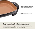 BELLA Electric Ceramic Titanium Skillet, Roast, Fry and Steam, Healthy-Eco Non-stick Coating, Convenient Easy Clean Up, Glass Lid Included, 12" x 12", Copper/Black - Image 3