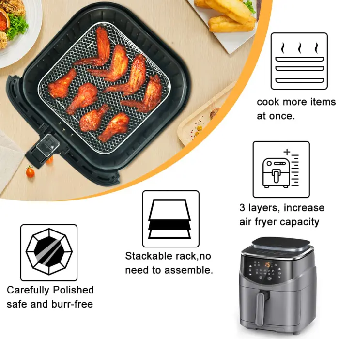 BYKITCHEN 8 inch Square Air Fryer Rack, 3pcs Stackable Stainless Steel Dehydrator Rack with Silicon Feet, Square Air Fryer Accessories for Cosori, Instant Vortex, Ninja Pro XL 6.5 QT AF181 & More - Image 7