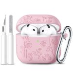 Lerobo for Airpods 4 Case Cover with Cleaner Kit, Cute Flower Engraved Silicone Protective Case Cover with Keychain Compatible with Apple Airpods 4 Case 2024 for Women and Girls, Pink