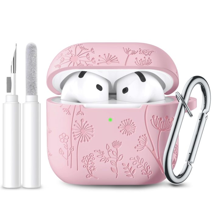 61jdfWhlX3L Lerobo for Airpods 4 Case Cover with Cleaner Kit, Cute Flower Engraved Silicone Protective Case Cover with Keychain Compatible with Apple Airpods 4 Case 2024 for Women and Girls, Pink - Image 1