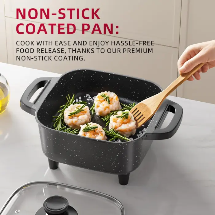 AORAN Electric Frying Pan with Lid, Multifunctional Electric Skillet for Frying, Grilling, Boiling & Cooking, Nonstick, Compact, Easy-to-Clean, Adjustable Temp Control Black - Image 6