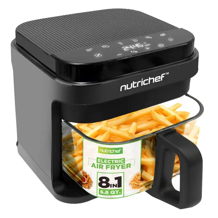 Nutrichef 5.8 Quart Air Fryer | 8-1 Preset Cook Modes | Transparent Fry Bowl for Best Cooking Results | Cook Shrimp, Steak, Fries, Wings, Chicken & More | Precise Temperature Control & Time | Grey - Image 1