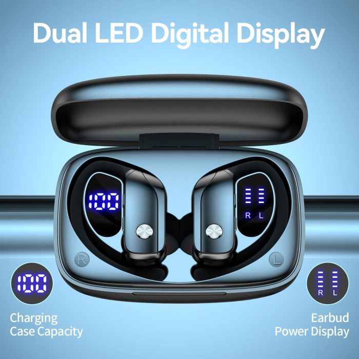 bmani Ear Buds Wireless Earbuds Bluetooth Headphones with 80H Playtime LED Display Case, Over-Ear Hook with Mic, Stereo Sound, Easy Button Controls, Sports Earphones for Running Workout Gym Black - Image 5