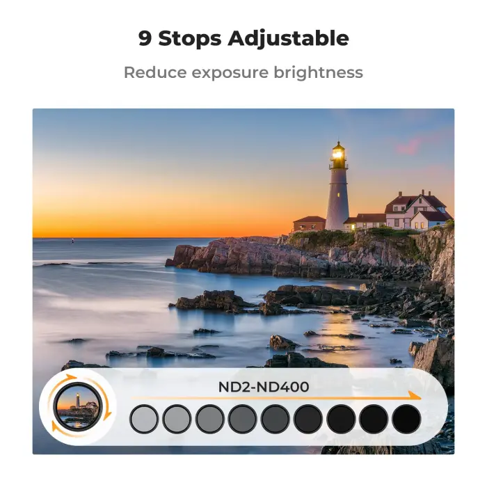 K&F CONCEPT 52mm Variable ND Camera Lens Filter ND2-ND400 (1-9 Stops) + Filter Cap + Cleaning Cloth 18 Multi-Layer Coatings Adjustable Neutral Density Ultra Slim for Camera Lenses(K-Series) - Image 6
