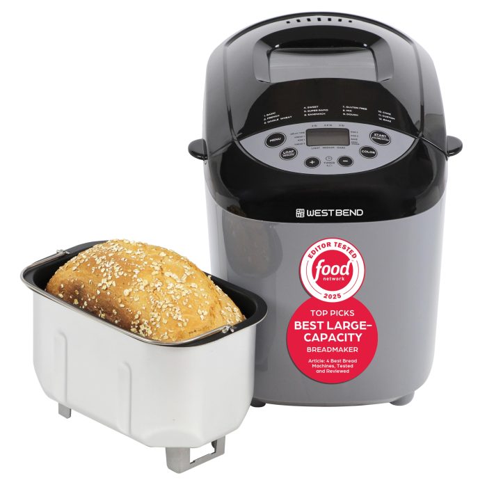 West Bend Hi-Rise Bread Maker Machine Programmable 12 Programs Including Gluten Free & 3 Loaf Sizes and Crust Colors with Traditionally-Shaped Horizontal Bread Pan with Dual Knead Blades, 3-Lb, Gray - Image 1