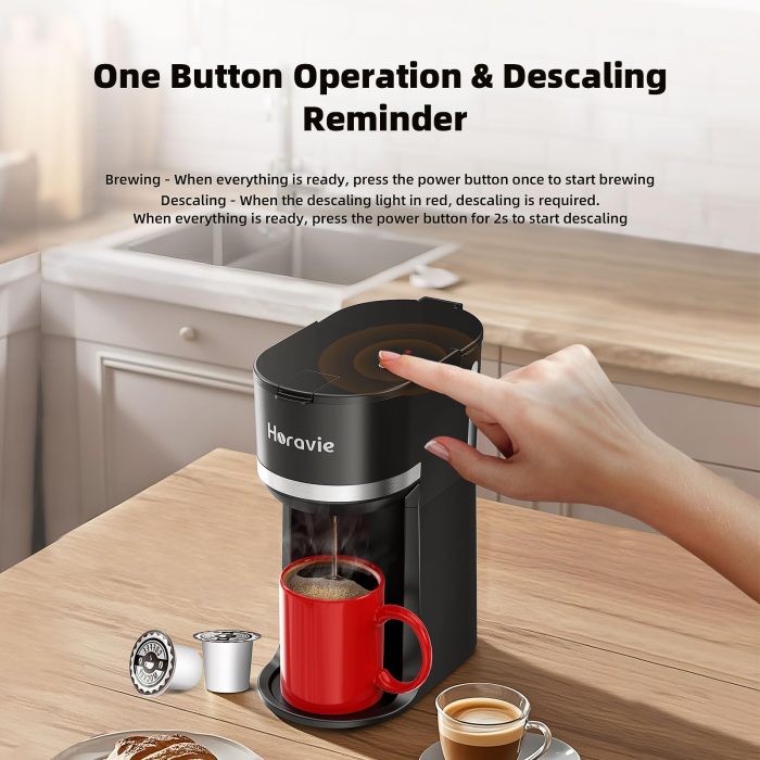 Horavie Mini Single Serve Coffee Maker for K Cup and Ground Coffee, Fast Brew One Cup Coffee Machine with Descaling Reminder and Water Window, 6 to 12 oz. Brew Sizes, Black - Image 4
