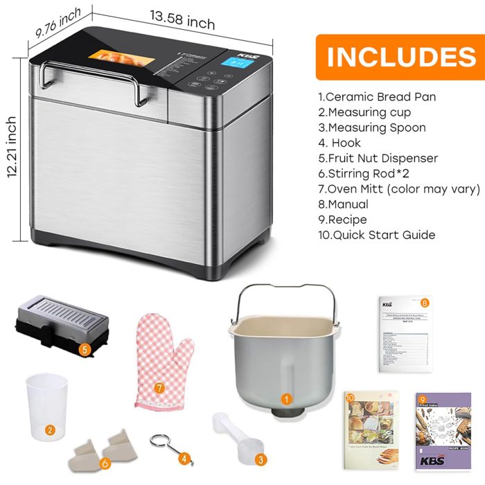 KBS Pro 710W Bread Maker, 2LB 17-in-1 Automatic Bread Machine with Healthy Ceramic Pan, Nut Dispenser, Tempered Glass Touch Panel, Stainless Steel Housing,3 Crust Colors, 15H Timer&Keep-Warm, Recipe - Image 2