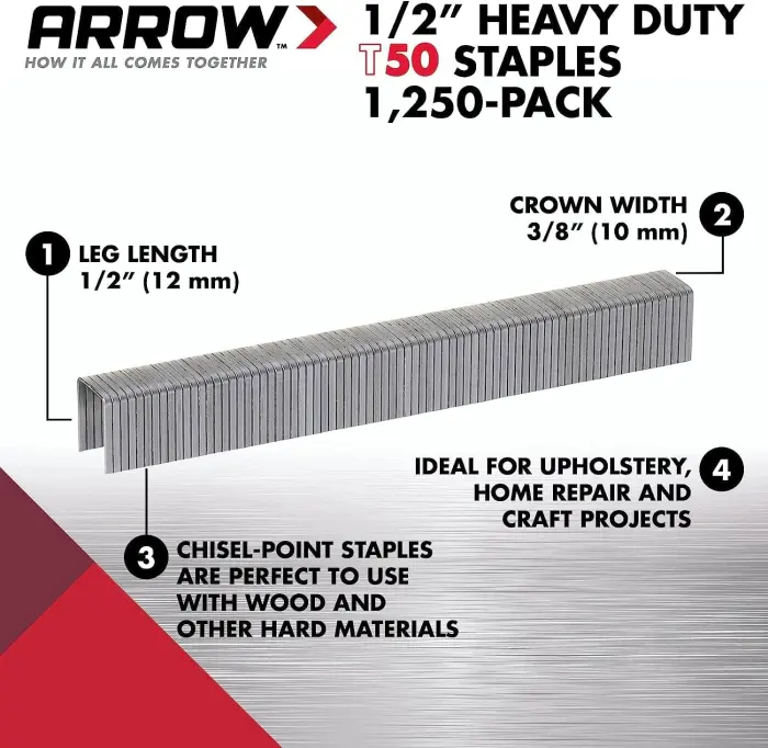 Arrow 508 Heavy Duty T50 1/2-Inch Leg Length, 3/8-Inch Crown, Staples for Upholstery, Construction, Furniture, Crafts, 1250 Count(Pack of 1) - Image 11