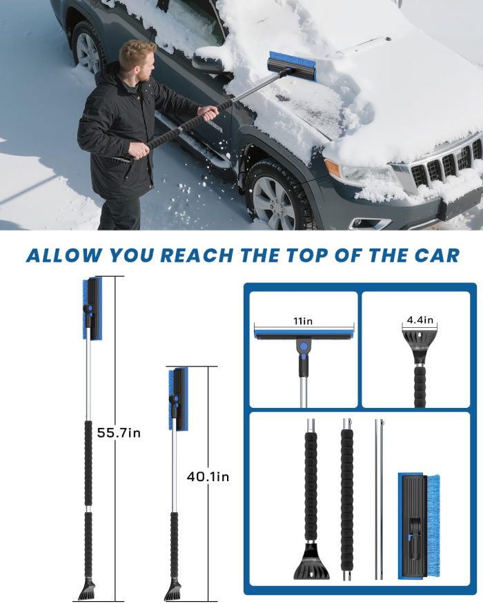 helloleiboo 2025 Extra Long 55.7" Ice Scrapers for Car Windshield Multi-Functional Detachable Car Ice Scraper with Foam Grip and 270° Pivoting Brush Head Snow Brush for SUV Truck Auto (Blue) - Image 7