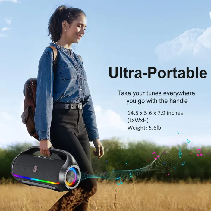 HWWR Bluetooth Speaker, IPX5 Waterproof Portable Bluetooth Speaker with Powerful Bass & LED Lights, BT5.3, Wireless Stereo Pairing for Home Party, Beach, Outdoor Camping, Support USB/TF Card/AUX/TWS - Image 6