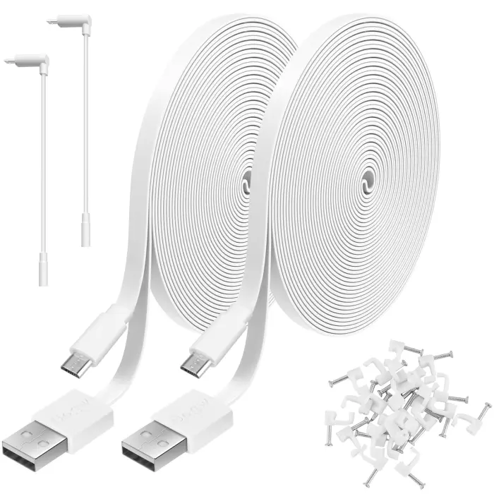 2 Pack 20FT Power Extension Cable Compatible with Wyze Cam V4,Wyze Cam v3,Wyze Cam Pan,WYZE Cam OG,NestCam Indoor,Blink,Amazon Cloud Camera,USB to Micro USB Durable Charging and Data Sync Cord(White) - Image 1