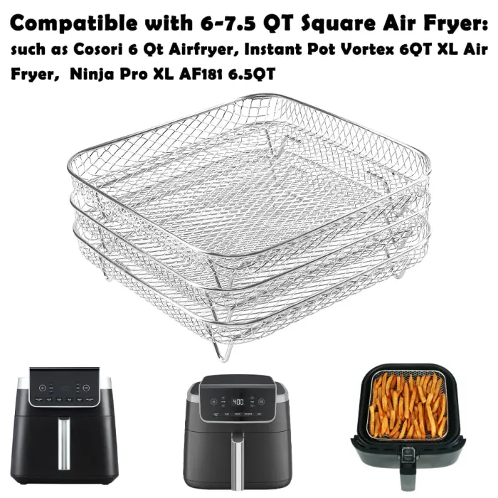 BYKITCHEN 8 inch Square Air Fryer Rack, 3pcs Stackable Stainless Steel Dehydrator Rack with Silicon Feet, Square Air Fryer Accessories for Cosori, Instant Vortex, Ninja Pro XL 6.5 QT AF181 & More - Image 8