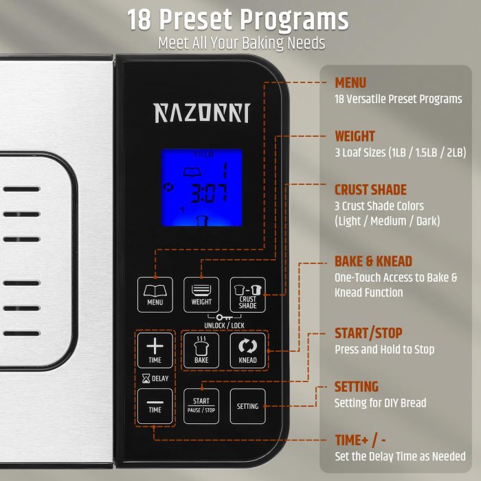 Razorri Bread Maker Machine, 2LB 18-in-1 Programmable Stainless Steel Homemade Bread Machine with Gluten-Free, Auto Nut Dispenser, 15H Delayed-start, 1H Keep Warm, 3 Crust Colors and 3 Loaf Sizes - Image 7