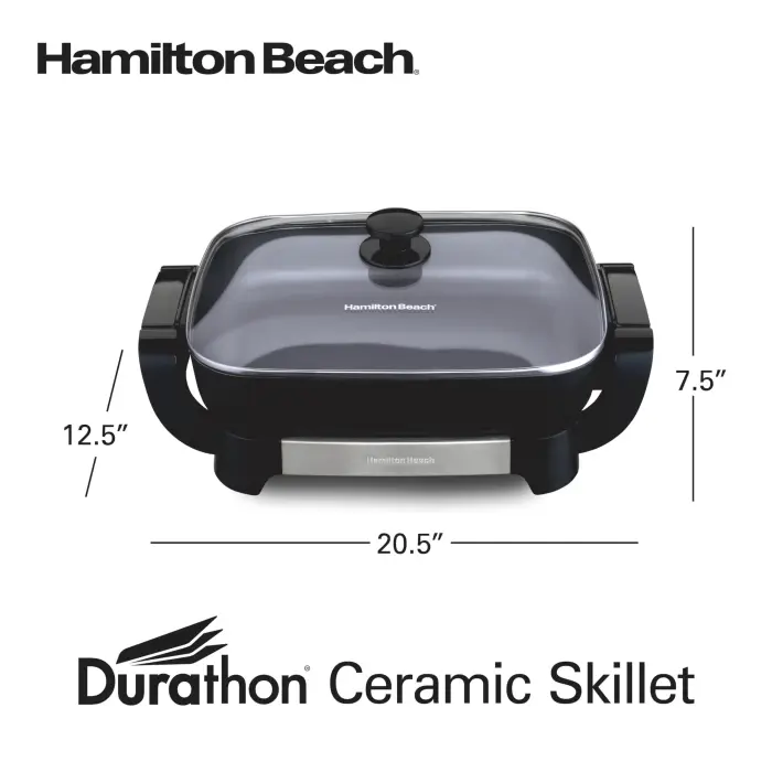 Hamilton Beach Electric Skillet with PFAS-Free Durathon Ceramic Coating, Removable 12x15” Pan, Adjustable Temperature, Reversible Design, Tempered Glass Lid, Black Nonstick Surface (38531) - Image 2