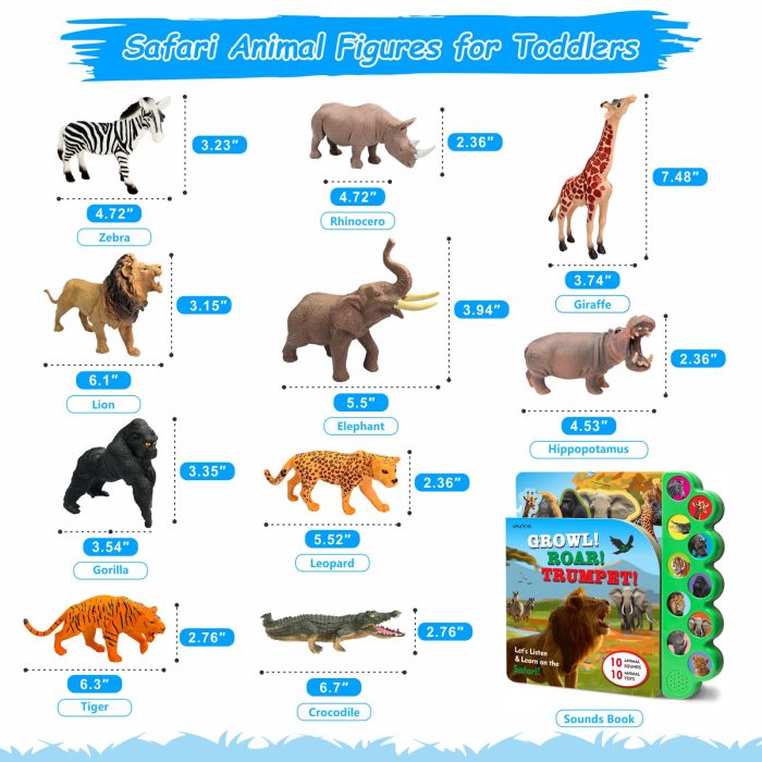 iGRATENS Safari Animals Figures Toys with Sound Books, 10PCS Realistic Jungle Animals Figures & Safari Animals Book with 10 Buttons, Zoo Animal Toys, Learning Toy for 3+ Year Old Boys, Girls, Kids - Image 3
