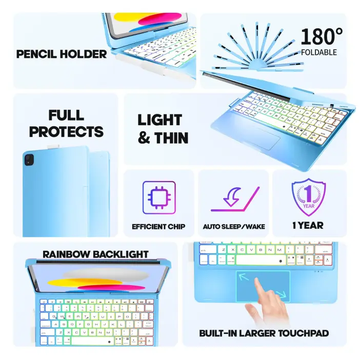 NOKBABO for iPad 10th 11th (A16) Generation Case with Keyboard, iPad Air 11 inch case (M3/M2), Keyboard for iPad Pro 11 (4th/3rd/2nd/1st) & iPad Air 5/4th, Trackpad, 360° Swivel, Backlit - Sky Blue - Image 6