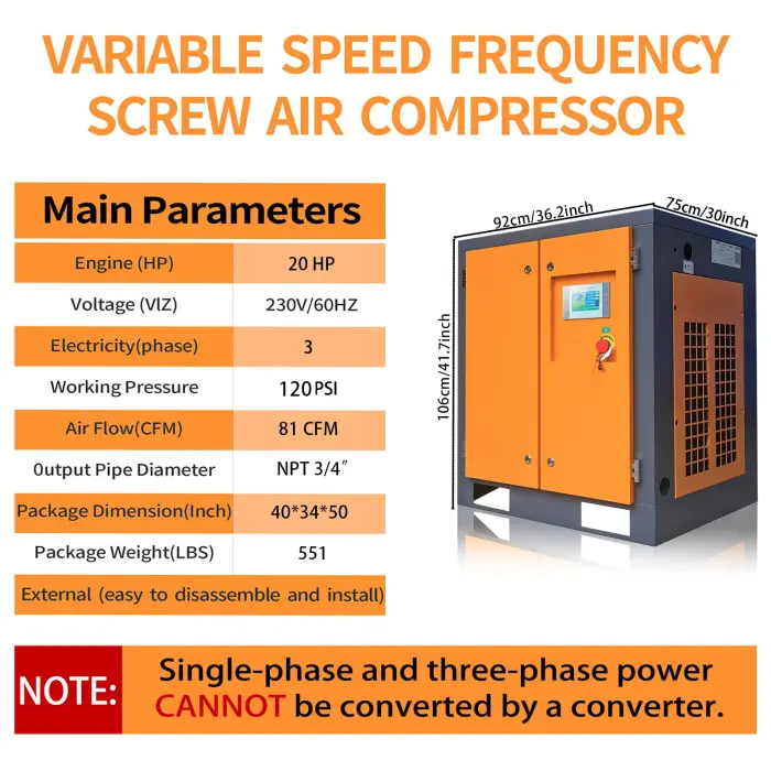 20HP Air Compressor 230V 60Hz 3-Phase 15kW Variable Speed Frequency Rotary Screw Air Compressor 81cfm Max Pressure 120 psi Commercial Air Compressed System - Image 7