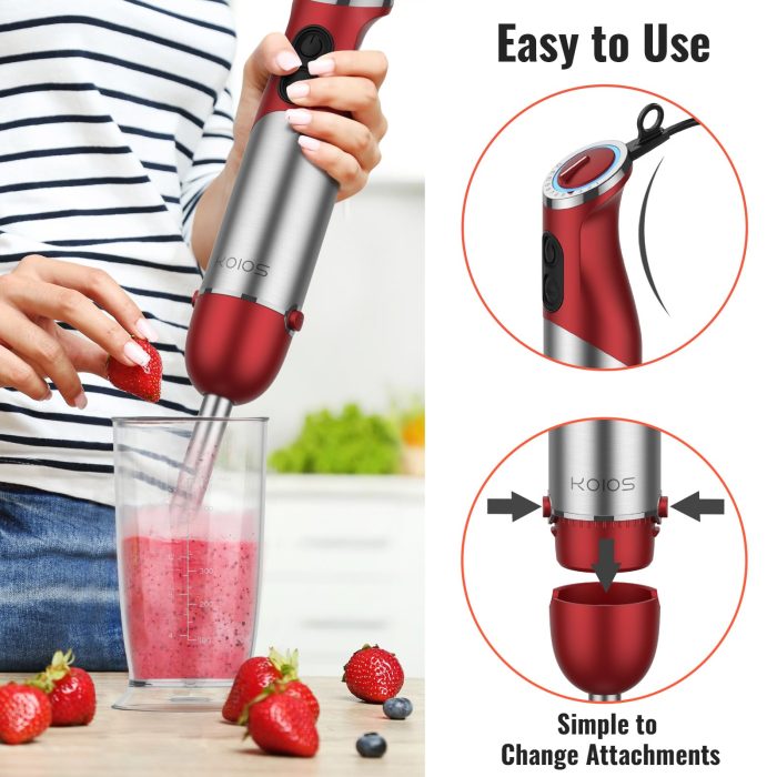 KOIOS 5-in-1 Hand Immersion Blender, 1000W 12 Speed Handheld Blender Stick with Copper Motor Stainless Steel Blade, 600ml Mixing Beaker,500ml Food Processor, Whisk, Milk Frother, Non-BPA, Red - Image 3