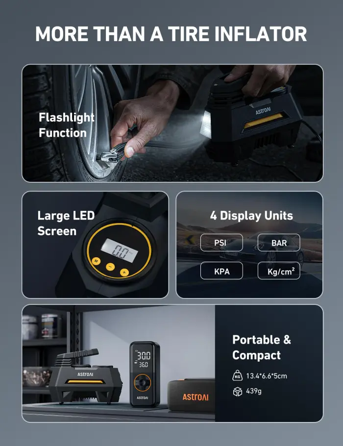 AstroAI Tire Inflator Portable Air Compressor Tire Air Pump for Car Tires - Car Accessories, 9.8Ft Cord 12V DC-Powered Auto Pump with Digital Pressure Gauge, LED Light for Bicycle, Balloons, Yellow - Image 4