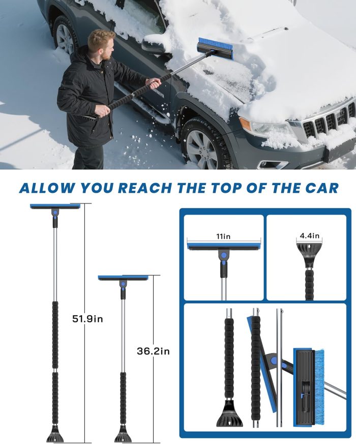 helloleiboo 2025 Extra Long 55.7" Ice Scrapers for Car Windshield Multi-Functional Detachable Car Ice Scraper with Foam Grip and 270° Pivoting Brush Head Snow Brush for SUV Truck Auto (Blue) - Image 3