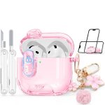 Skyconser with Safety Lock for Apple AirPods 4 Case 2024,Clear Cases with Phone Stand & Cleaning Kit,Soft TPU Cover for AirPods 4th Generation Case,Cute Bling Keychain for Women Girls-Clear Pink