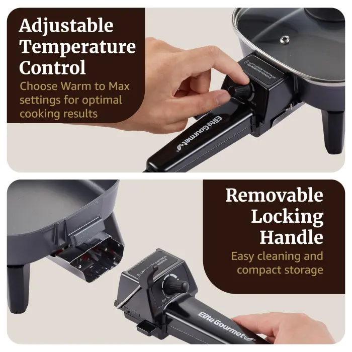 Elite Gourmet EFS059 Personal Electric Skillet, 7” Compact Portable Cooker, Adjustable Temperature, 600W Rapid Heating, Nonstick Surface, Tempered Glass Lid, Removable Handle, Black - Image 4