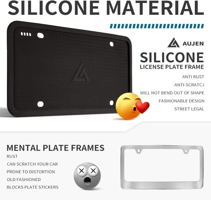 Aujen Silicone License Plate Frames Black, 2 Pack Car License Plate Frame, Universal US Black License Plate Holders Brackets Rust-Proof, Weather & Rattle-Proof, Car Accessories - Image 6