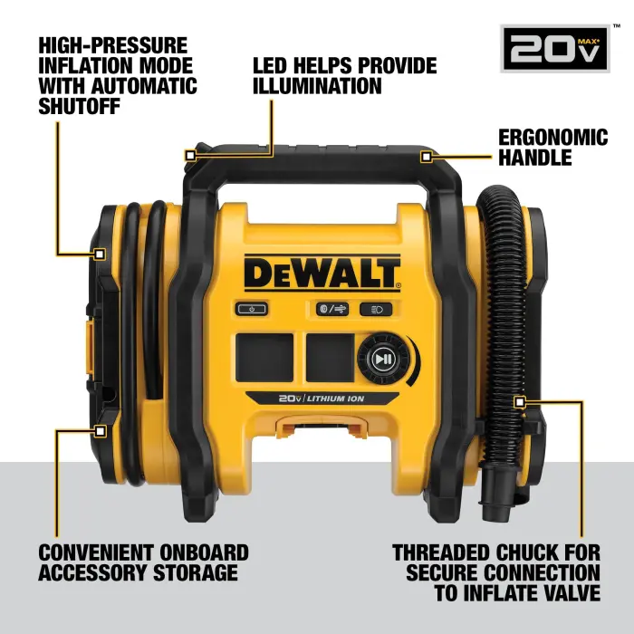 DEWALT Tire Inflator Portable Air Compressor 20V MAX, Car Air Pump with Automatic Shut Off, LED Light, Tool Only (DCC020IB) - Image 12