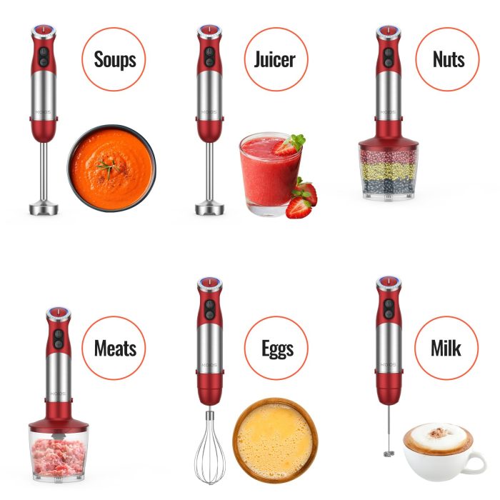 KOIOS 5-in-1 Hand Immersion Blender, 1000W 12 Speed Handheld Blender Stick with Copper Motor Stainless Steel Blade, 600ml Mixing Beaker,500ml Food Processor, Whisk, Milk Frother, Non-BPA, Red - Image 5