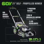 60V Self-Propelled Lawn Mower 21-Inch, Brushless Cordless Mower for Large Yards, Electric with LED Headlight, 2X5.0Ah Battery & Rapid Charger - Image 6