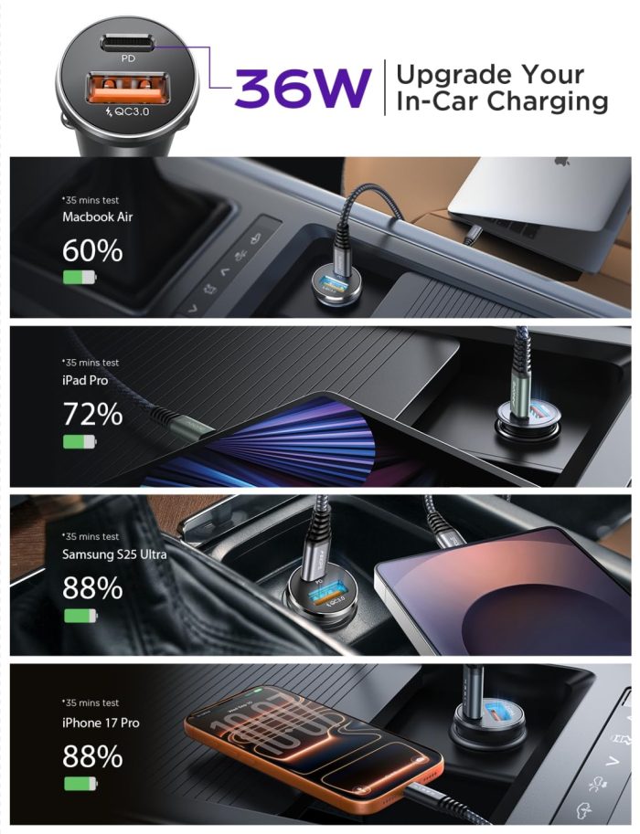 LISEN Car Phone Charger USB C, 54W Cigarette Lighter USB Charger Adapter, Car Accessories for Men, Mini USBC Cars Fast Charging Adapter USBC Type C 12V, for iPhone 17 Pro Max 16 15 14 13 12 Plus Mini - Image 3