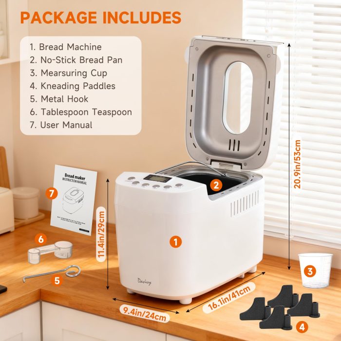 Davivy Bread Maker Machine 3LB with 2 Dough Kneading Paddles,15-in-1 Automatic Large Capacity Bread Machine Nonstick Bowl For Bread, Jam& Yogurt, 3 Loaf Sizes and 3 crust settings（silver，1.5kg） - Image 3