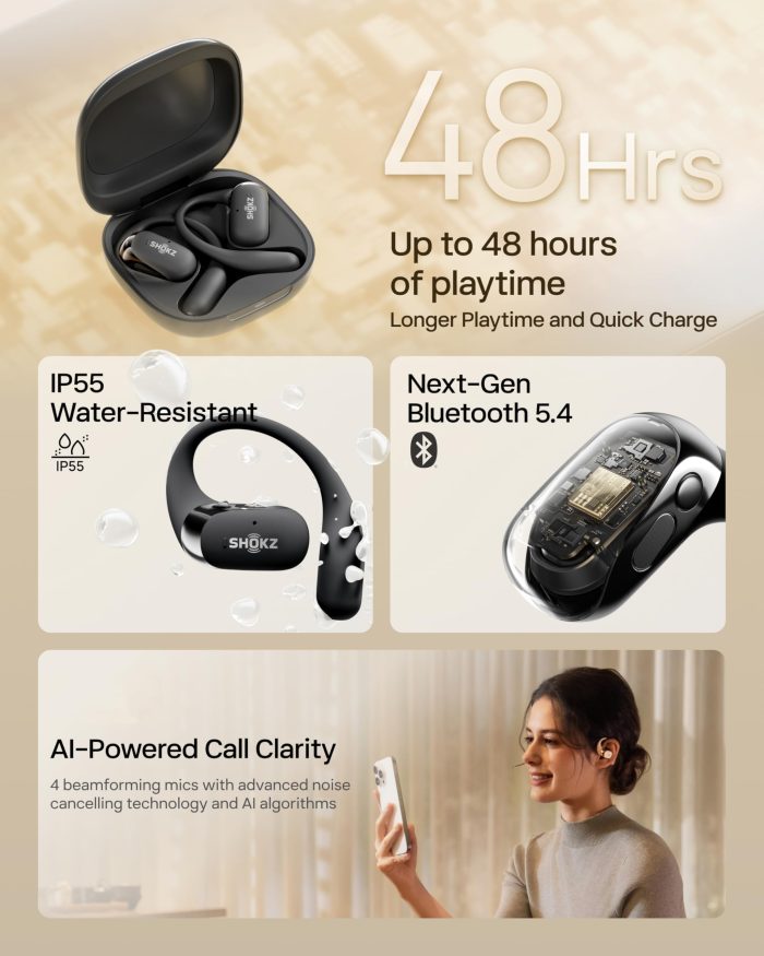 SHOKZ OpenFit 2 Open-Ear Headphones,True Wireless Bluetooth Earphones with Microphone,Earhook Earbuds with 48 Hours of Playtime,Fast Charging,IP55 Water-Resistant,with Carrying Bag,Black,Bluetooth5.4 - Image 4