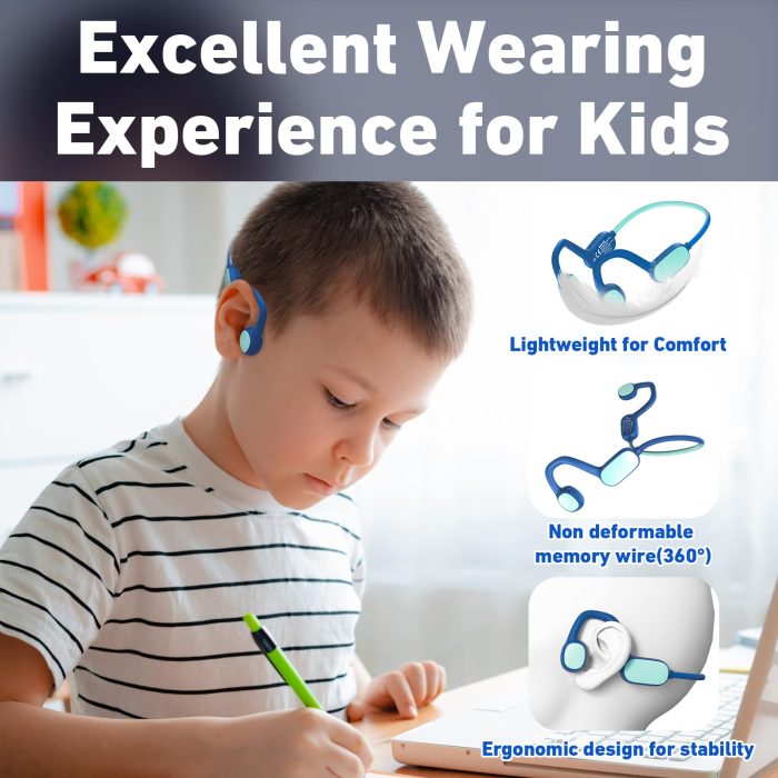 Mehomeli Kids Headphones, Bluetooth 5.2 Air Conduction Open Ear Headphones, 85dB Volume Limiting, Stereo Sound with Mic, IPX5 Waterproof, 20H Playtime, Perfect for School and Outdoor Activities-Blue - Image 5